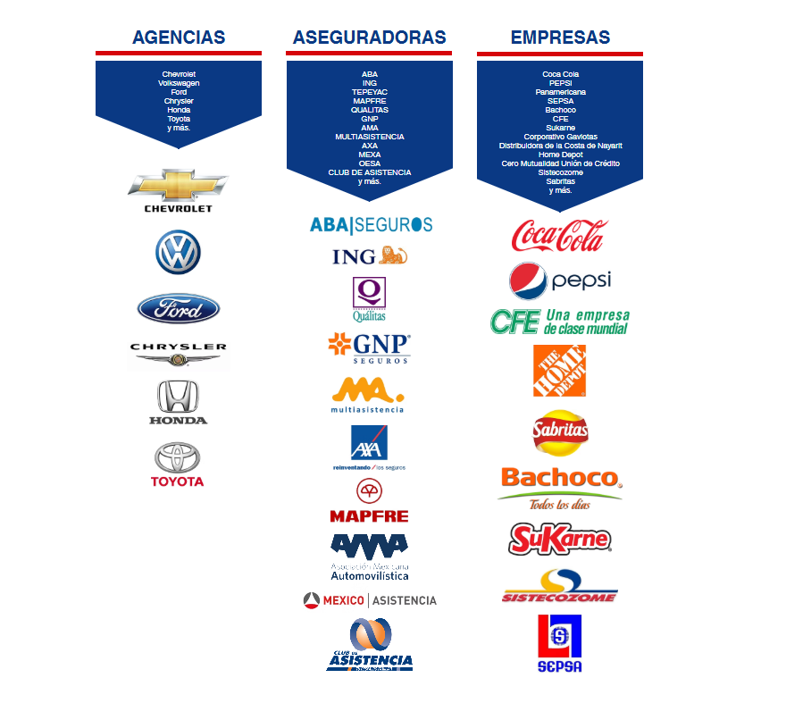 Logotipos de agencias (Chevrolet, Volkswagen, Ford, Chrysler, Honda y Toyota), aseguradoras (ABA Seguros, ING, Qualitas, GNP, Multiasistencia, AXA, Mapfre, Ánima, México Asistencia, Club Asistencia) y empresas (Coca-Cola, Pepsi, CFE, Sólidos, Sabritas, Bachoco, SuKarne, Sistecozome, Sepsa) que son clientes de Tecnogrúas